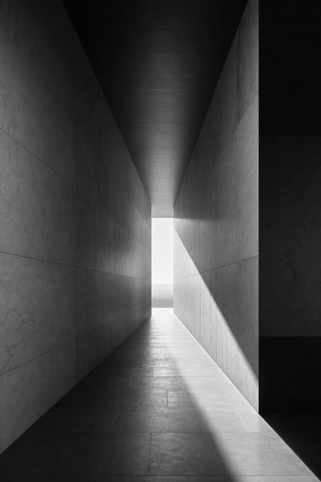 Silhouette of a figure crossing an architectural walkway against a clouded sky